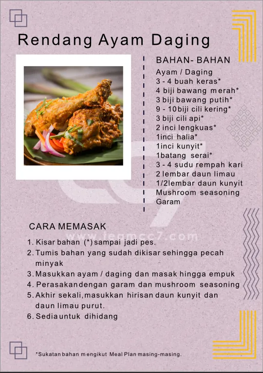 Muka surat resipi Rendang Ayam Daging dengan senarai bahan-bahan penuh